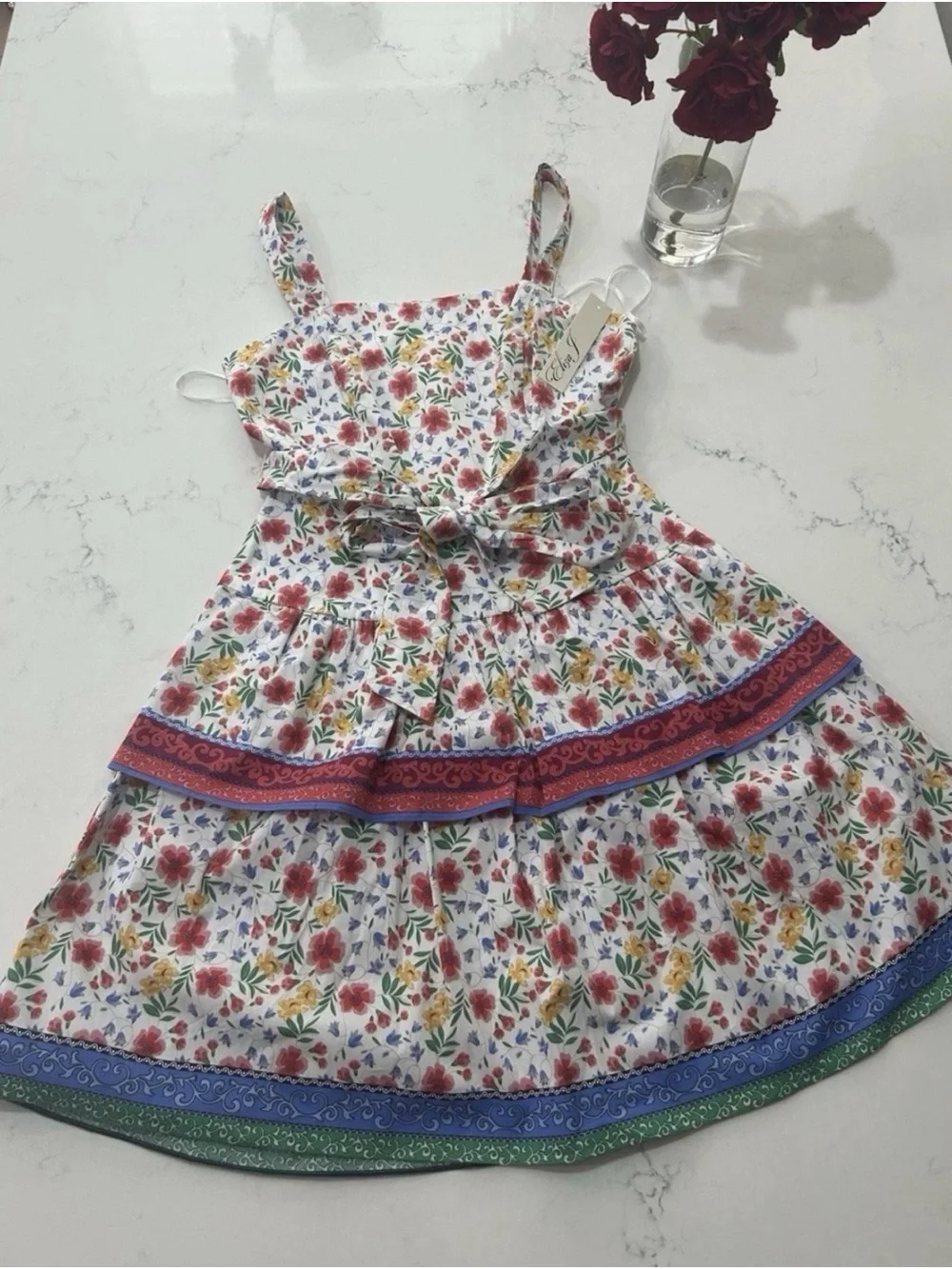 Eliza J $138 White Floral Tiered Sundress Pink Blue Green Trim Size 10 - Picture 1 of 9